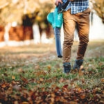 Details of leaves blowing, man using multiple tools while working in garden